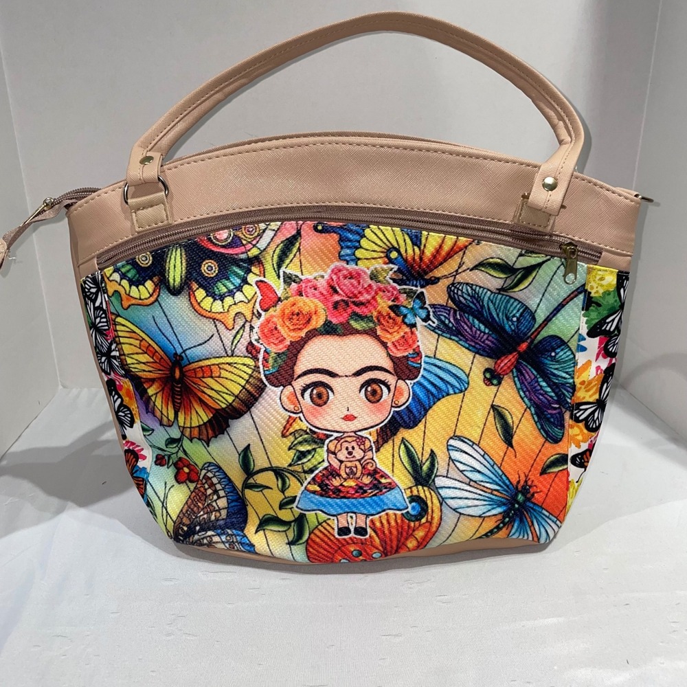 Frida Kahlo Butterfly Graphic Tote Bag Beige Synthetic Leather Handbag Mexico